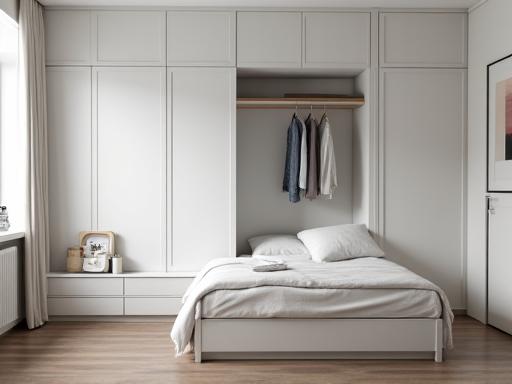 Camera da letto minimalista con letto contenitore e armadio a muro.
