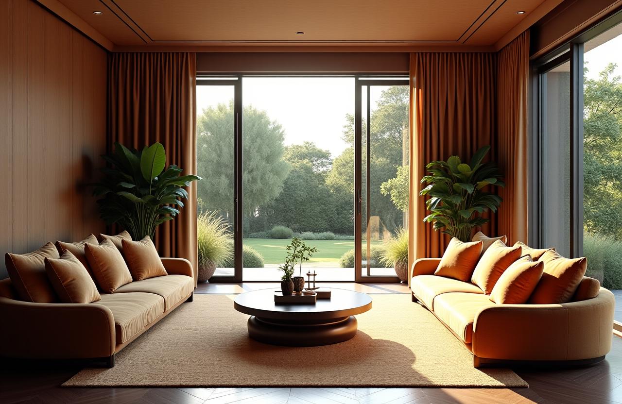 Interno di un salotto lussuoso con mobili di design italiano, luce naturale e vista su un giardino.