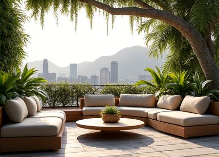 Elegante set di mobili da giardino su un terrazzo con piante.