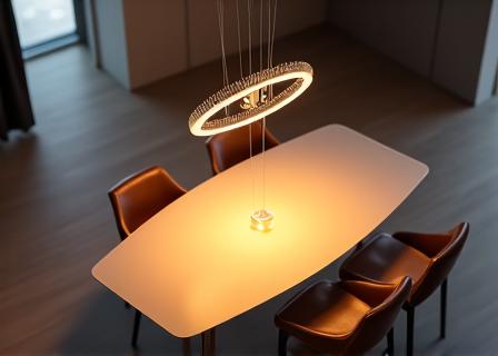 Lampada di design moderna sospesa sopra un tavolo da pranzo.